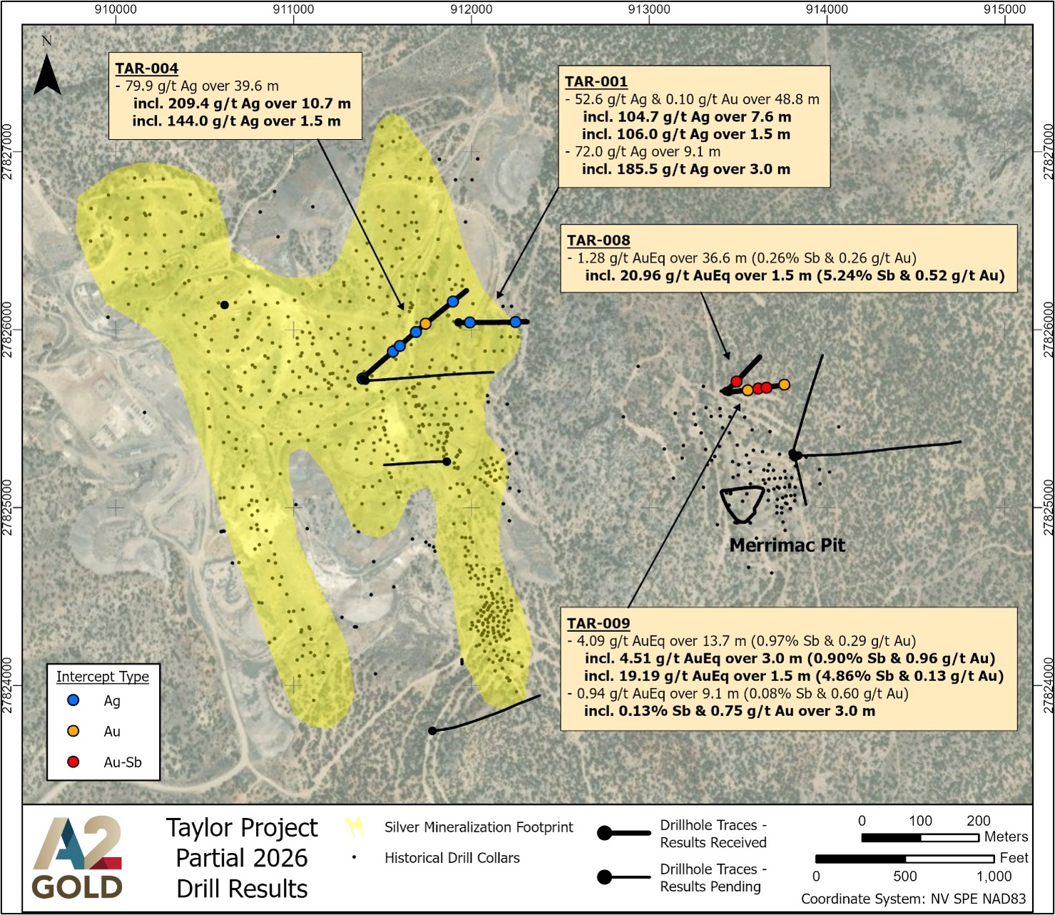 Figure 1: Plan view map that shows a portion of the 2026 RC drill program with assays received to date. The silver mineralization footprint is shown in yellow. Antimony mineralization has not been included in previous resource estimates.